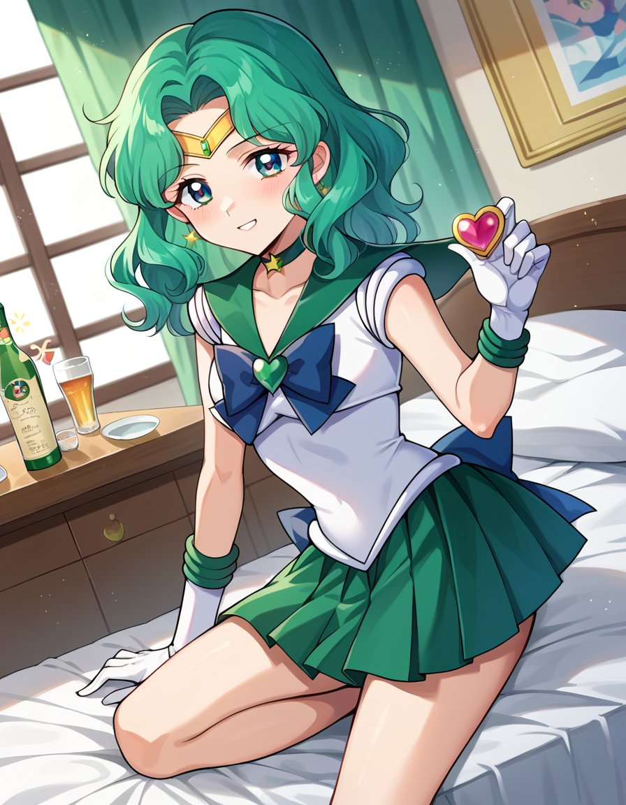 score_9, score_8_up, score_7_up, source_anime,
sailorneptune, <lora:sailor-neptune-ponyxl-lora-nochekaiser:1>
sailor neptune, green eyes, forehead jewel, green hair, medium hair, tiara,
brooch, choker, gloves, heart, heart brooch, jewelry, magical girl, sailor senshi uniform, skirt, star choker, white gloves, bow, green bow, green sailor collar, green skirt,
indoors, bed, bed room, on side, blush, drunk,
looking at viewer, cowboy shot, dutch angle,