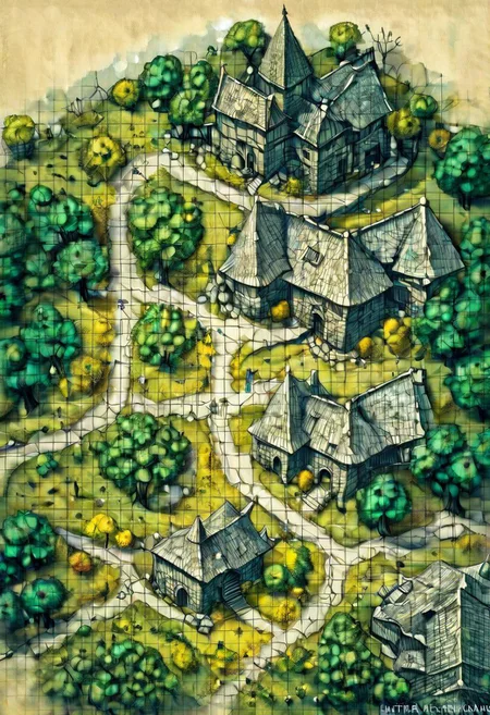 ( Squares lines:1.3)(Table:1.0),Town, exterior,Trees,create a magicalForest an the riber and castle ruins