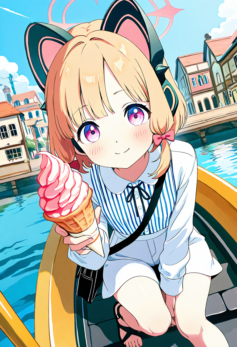 masterpiece, best quality, solo, curvy, beautiful eyes, narrow waist, wide hips, 1girl, solo, smile, looking at viewer, dynamic angle, foreshortening, close up,     zzMomoi, blonde hair, animal ears, fake animal ears, animal ear headphones, headphones, short hair, bow, halo, cat ear headphones, hair bow, red bow, pink eyes, pink halo,  ,<lora:MomoiBlueArchiveIXL:0.7>,[Venetian Canals], elegant striped boatneck top, white linen trousers with a relaxed fit, leather sandals, large tote bag with nautical accents, wide-brimmed sun hat with ribbon, clutching a gelato cone, gondola ride through the canals with colorful buildings and arched bridges, sun reflecting off the water,