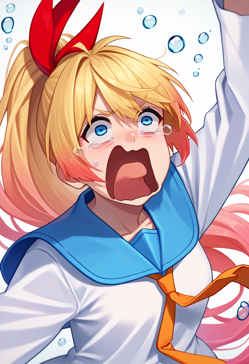score_9, score_8_up, score_7_up, source_anime, solo, 1girl, chtgkrsk, aquascreaming, screaming, open mouth, crying with eyes open, very long hair, gradient hair, ponytail, blue eyes, hair ribbon, red ribbon, school uniform, white serafuku, blue sailor collar, necktie <lora:concept_aquascreaming_ponyXL:1> <lora:Hoseki_Nsk_ChitogeKirisaki_PDXL_v1:1>