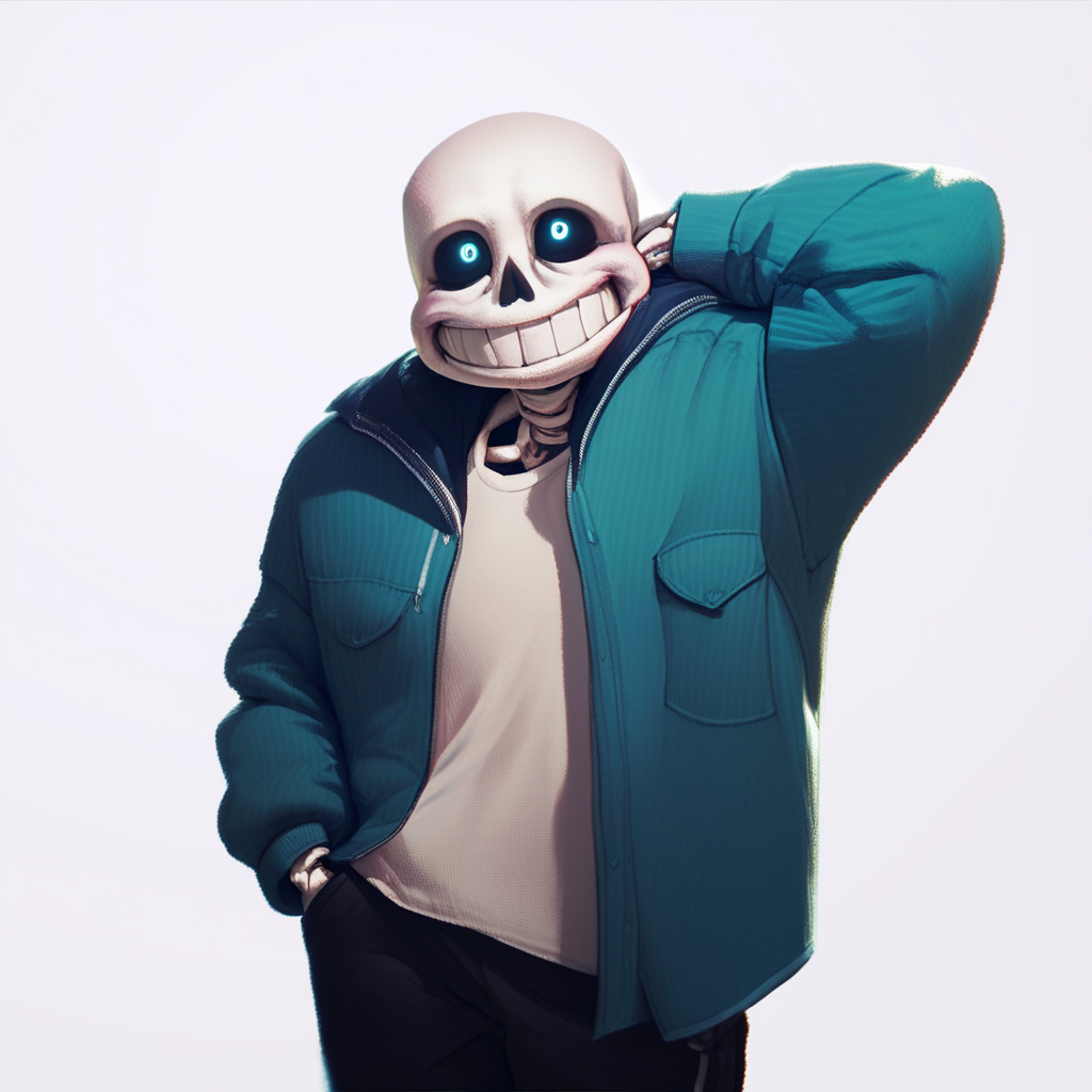 score_9, score_8_up, score_7_up, score_6_up, score_5_up, score_4_up, <lora:Sans_Undertale:1>  sans \(undertale\), skeleton, standing, looking at viewer, hand behind head, hand in pocket