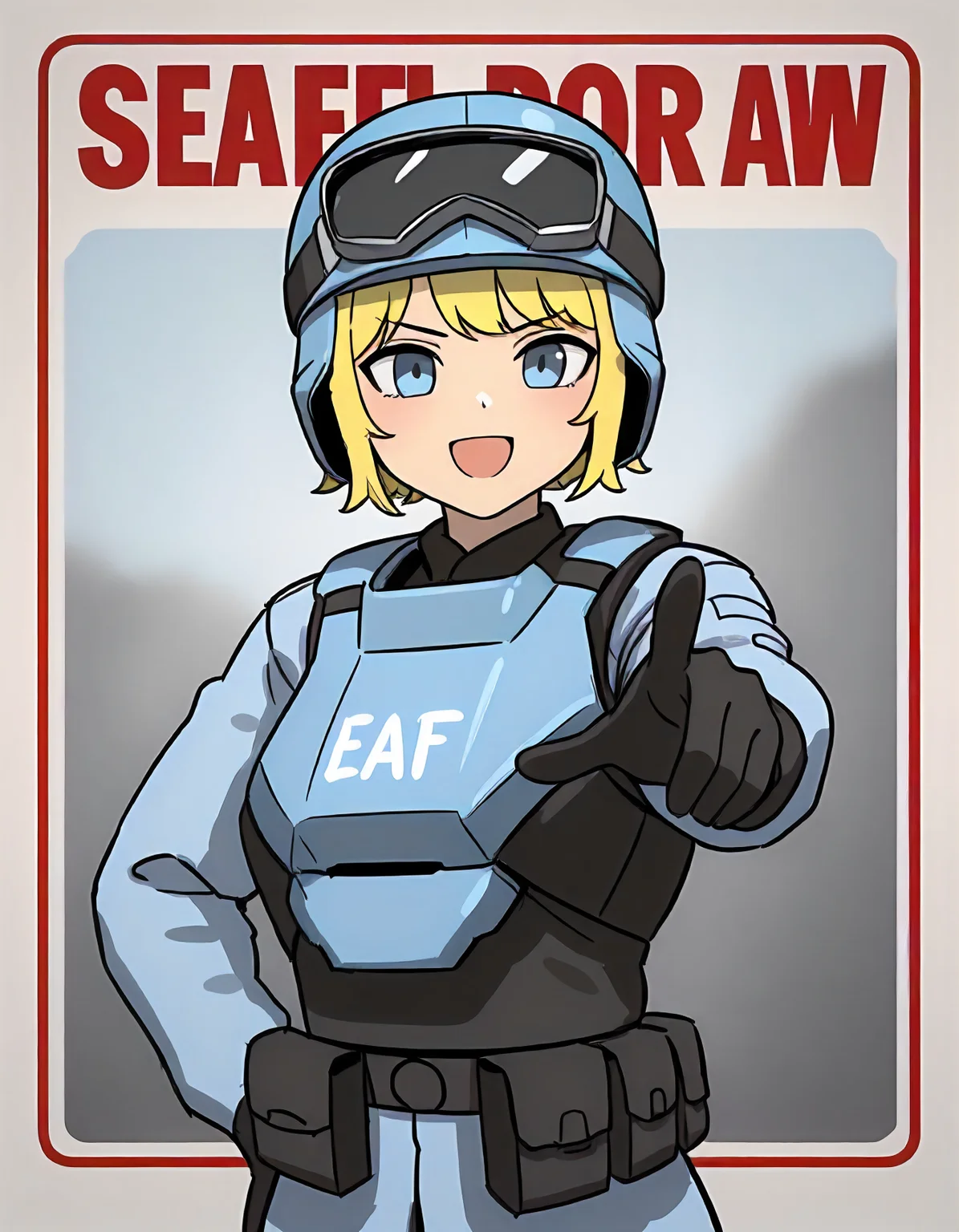 masterpiece, best quality, newest, absurdres, highres, very awa, 1girl, solo, <lora:S.E.A.F_Girl:1>, seafgirl, short hair, blonde hair, cosplay, pouch, utility belt, helmet, goggles on head, war poster, propaganda poster, looking at viewer, pointing at viewer,, (happy:1.2), determined expression, focused,