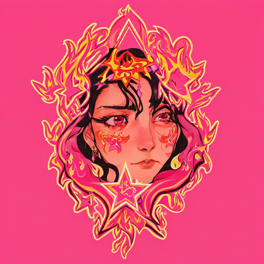 1girl, sm0k, earrings, star (symbol), upper body, flames, ornaments, simple background, pink, eyes open, long dark hair