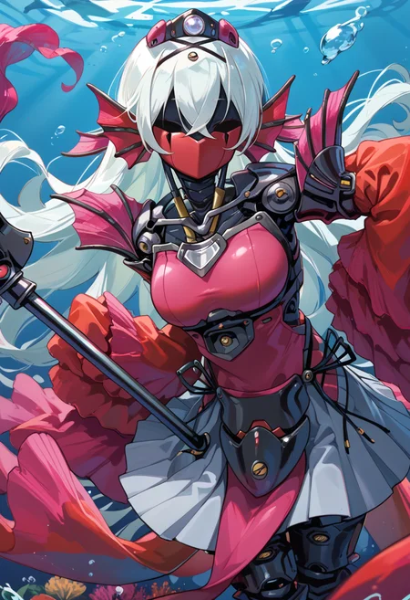 (score_9:0.9),score_8_up,score_7_up,rating_explicit,(zPDXL),(zPDXL3),
<lora:Tearlaments Kashtira PonyXL v1:0.77>, tearlaments kashtira, black tiara, red detached sleeves, red dress, 1girl, solo, holding scythe, scythe, underwater, looking at viewer, red mask, science fiction, red calf fins, robot, mechanical mermaid, machinery, sleeves past wrists, black pleated skirt, no eyes