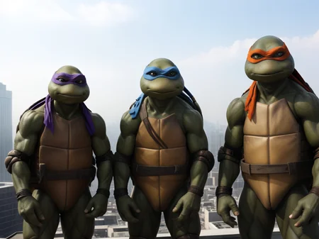 TMNTGroup, a group of teenage mutant ninja turtles, standing on a city rooftop during the day, skyscrapers and rooftops and day sky in the background, <lora:TMNT_Turtles_AIO_SDXL-000009:1>