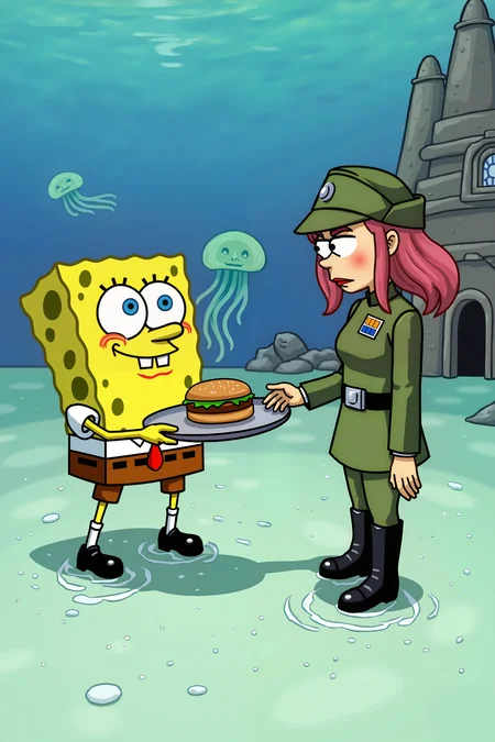 An imperial officer, her cap soaked and slightly askew, stands knee-deep in the waters of Bikini Bottom, utterly unamused. SpongeBob, wearing his goofy grin, excitedly offers her a Krabby Patty on a tray, completely oblivious to her presence as an invader from another universe. Her boots sink slightly into the sandy ocean floor, tiny bubbles escaping from the edges of her uniform with pants. In the background, Squidward peeks out of his house, unimpressed, while a jellyfish drifts by, lazily wrapping around the officerâs shoulder like an uninvited pet.<lora:IMPOFF_FLUX>