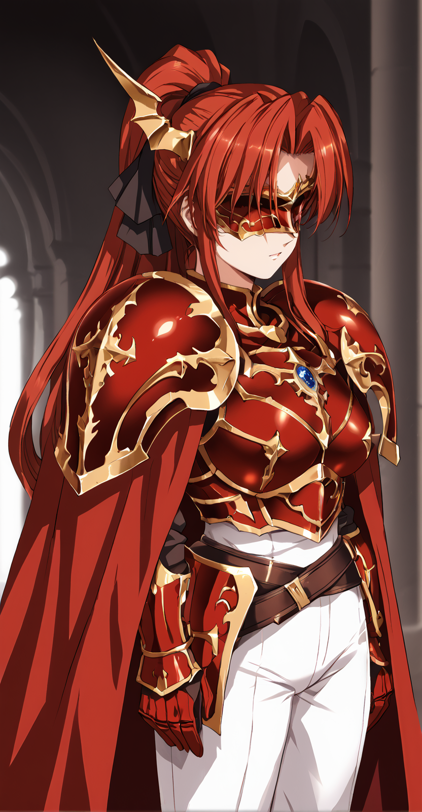 1girl, masterpiece, highres, high quality, fantasy
score_9, score_8_up, score_7_up, score_6_up, source_anime,
(mature female),
BREAK
indoors, 
BREAK
,
BREAK,
, SDAgnis, red hair, ponytail, hair ribbon, long hair, red eyes, 
red armor, mask, gem, pauldrons, cape, dragon horns, fake horns, hidden eyes, white pants, <lora:Urushihara Satoshi_XL_PONY_V2:0.8>,<lora:SDAgnis:0.8>