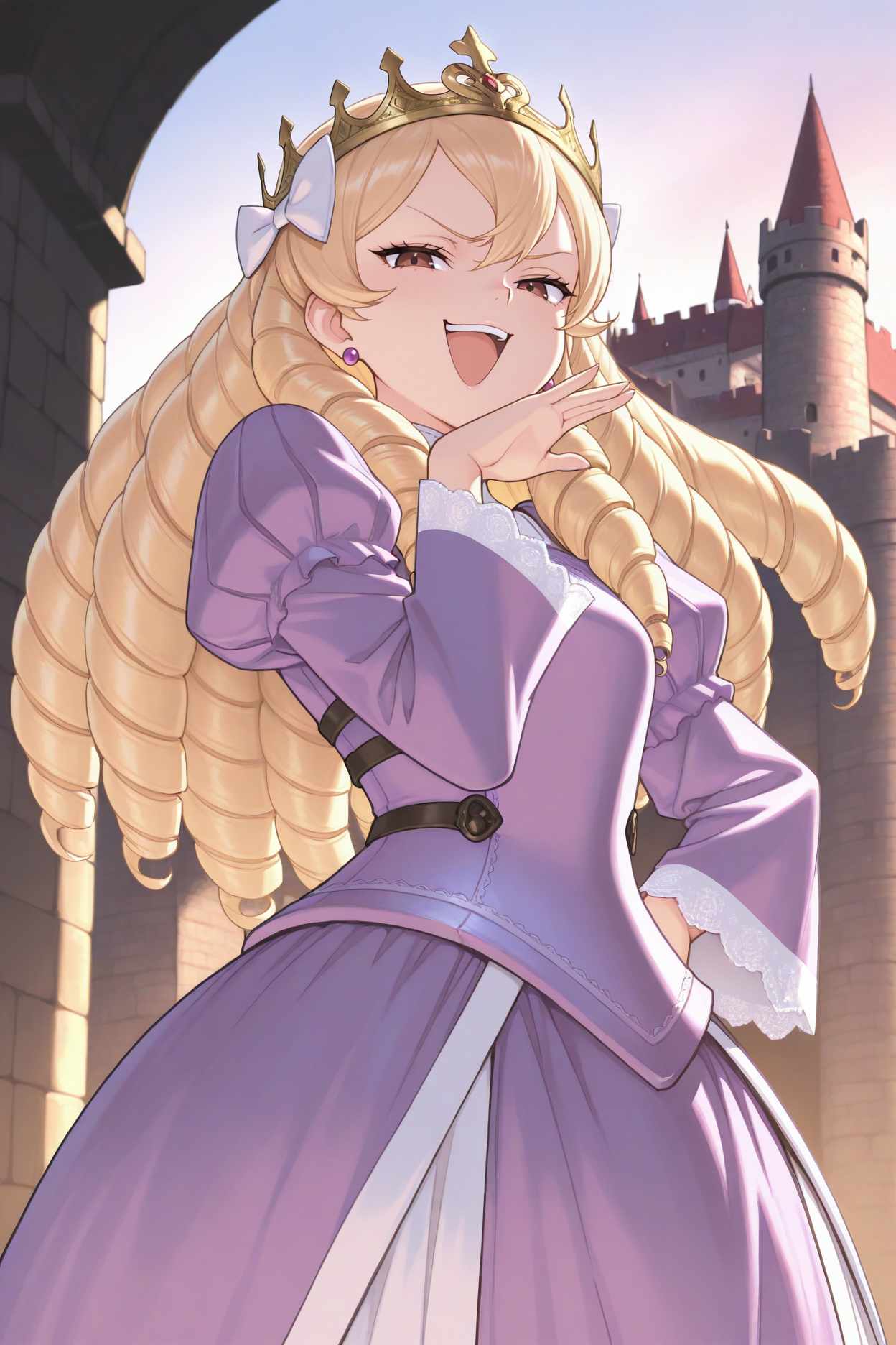 masterpiece, best quality, 1girl, solo, <lora:femaribelle-illu-nvwls-v1-000006:1> mribl, blonde hair, ringlets, long hair, brown eyes, earrings, purple ballgown, big skirt, crown, looking at viewer, smile, open mouth, smug, ojou-sama pose, medieval, castle, dusk