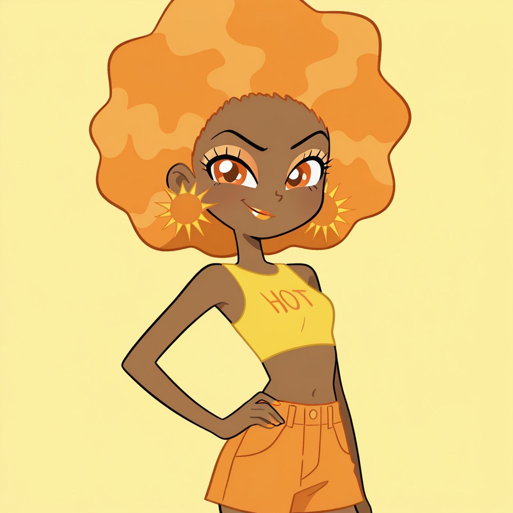 masterpiece, best quality, amazing quality, 
perfect cute face, on model, accurate art style, cartoon screencap, show accurate, sunmwatgg, 1girl, solo, dark skin, orange hair, afro hair, orange eyes, light orange eyeshadow, orange lipstick, sun earrings, yellow crop top with "HOT" written in orange, orange shorts, white roller skates, upper body, cowboy shot, smirk, looking at viewer, hand on hip, simple background