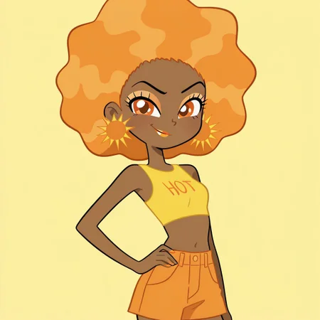 masterpiece, best quality, amazing quality,
perfect cute face, on model, accurate art style, cartoon screencap, show accurate, sunmwatgg, 1girl, solo, dark skin, orange hair, afro hair, orange eyes, light orange eyeshadow, orange lipstick, sun earrings, yellow crop top with "HOT" written in orange, orange shorts, white roller skates, upper body, cowboy shot, smirk, looking at viewer, hand on hip, simple background