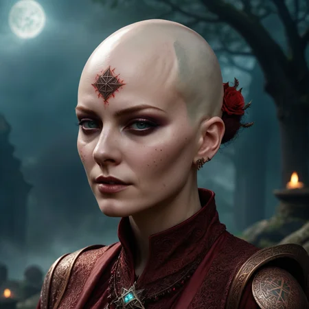 s a Red Wizard, Sofina had a bald head adorned with tattoos that represented magical sigils. She had pale skin that darkened around her eyes, hinting at her undead nature. This was but a disguise, however, and her true appearance was decayed, gaunt, and dead-eyed
( scene on the background, hyper detailed, artistic,:1.2)
<lora:xl_real_beta1:0.7>