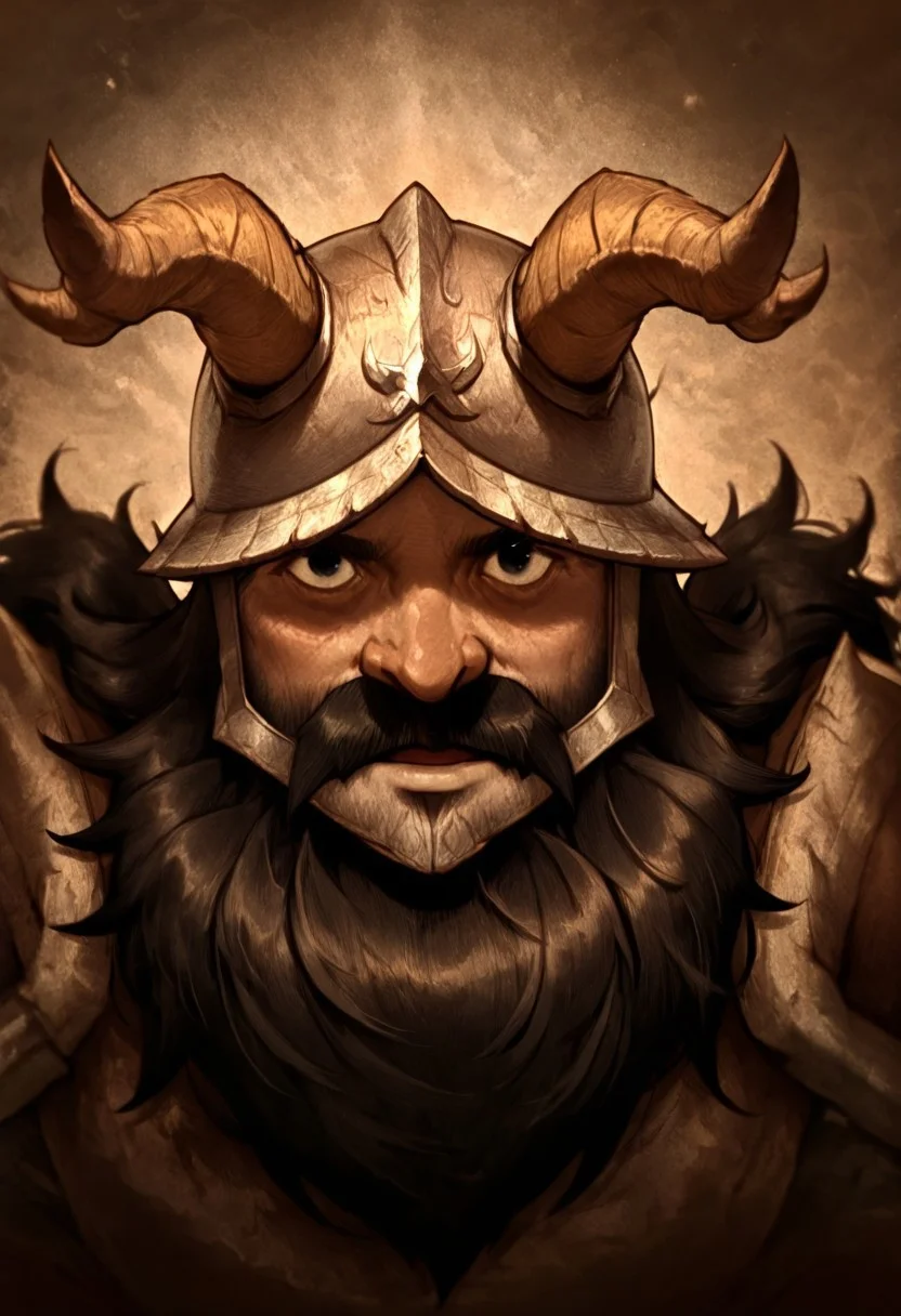 masterpiece, best quality, newest, absurdres, highres, D3CSPS-V1.0, brown theme, sepia, 1boy, senshi_(dungeon_meshi) /(dungeon meshi/), dwarf, beard, helmet, black hair, black eyes, horns, fake horns, horned helmet,