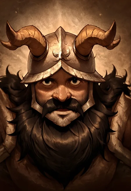 masterpiece, best quality, newest, absurdres, highres, D3CSPS-V1.0, brown theme, sepia, 1boy, senshi_(dungeon_meshi) /(dungeon meshi/), dwarf, beard, helmet, black hair, black eyes, horns, fake horns, horned helmet,