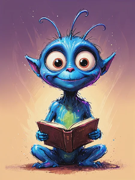 impactful color paint of cute drawing of funny alien reading a book, suprised in awe <lora:Cute_Drawing:0.6>