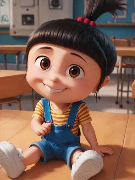 score_9, score_8_up, score_7_up, BREAK, 4gn3sG2u, 1girl, solo, smile, black hair, brown eyes, hair ornament, ponytail, child, striped shirt, overalls, white footwear, smile, looking at viewer, sitting on a table, <lora:Agnes_Gru:1>