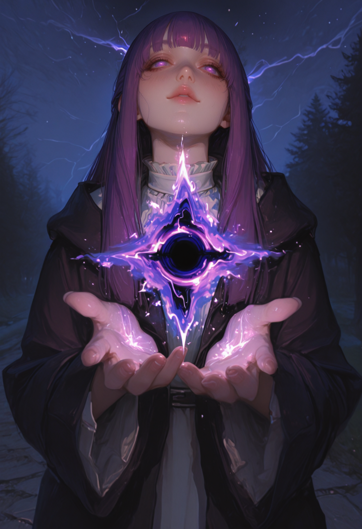 masterpiece,amazing quality, Fern \(sousou no frieren\), purple eyes, purple hair, half updo, bangs, night, outdoor, magic, fire magic, lightning magic, multiple spells, mana, black hole in hand, holding black hole, shadow magic, Ultra-realistic, beautiful eyes, capturing emotion, personality, flattering lighting, professional, perfect hands, engaging, compelling composition, detailed skin, ((detailed face))
<lora:ppw_v7_animv4_1_r2:0.6> <lora:748cm_illu:0.6> 7481llu <lora:69yottea_illu_v2:0.4> <lora:illustrious_all_rated_v1:0.6> masterpiece, best quality, very aesthetic, absurdres