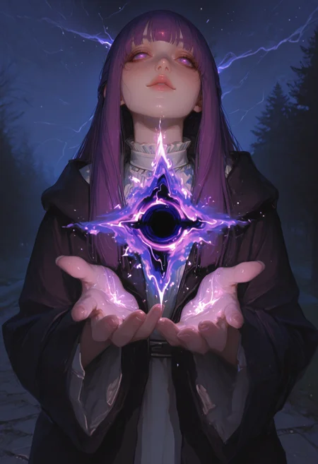 masterpiece,amazing quality, Fern \(sousou no frieren\), purple eyes, purple hair, half updo, bangs, night, outdoor, magic, fire magic, lightning magic, multiple spells, mana, black hole in hand, holding black hole, shadow magic, Ultra-realistic, beautiful eyes, capturing emotion, personality, flattering lighting, professional, perfect hands, engaging, compelling composition, detailed skin, ((detailed face))
<lora:ppw_v7_animv4_1_r2:0.6> <lora:748cm_illu:0.6> 7481llu <lora:69yottea_illu_v2:0.4> <lora:illustrious_all_rated_v1:0.6> masterpiece, best quality, very aesthetic, absurdres
