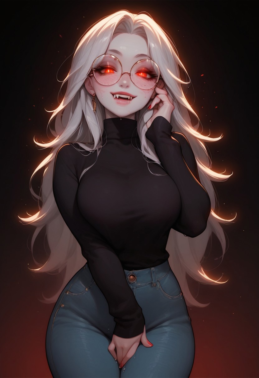 masterpiece,best quality, highly detailed, score_9, score_8_up, score_7_up, score_6_up,source_anime, 
 1girl, white hair, sexy, round glasses,standing,  bite mark on neck, evil smile,  , solo, freckles, parted lips, (pale skin:1.5) large breasts, wide hips, heavy breathing, red glowing eyes, (wet crotch:1.3), jeans, adjusting hair, long hair, hot breath, in heat, fangs, hand on crotch,
