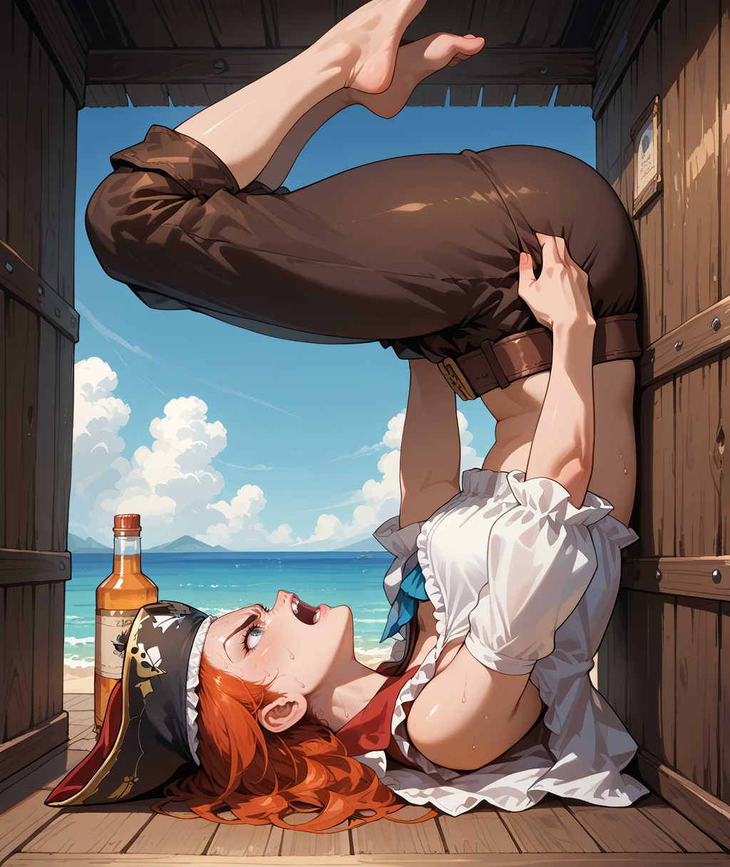 score_9,score_8_up,score_7_up,source_anime,rating_safe,higres illustration,masterpiece,1girl,<lora:flexiblestuck_pony:1>,flexible,in container,upside-down,from side,pirate hat,pants,sweat,angry,open mouth,ocean,beach,bottle,