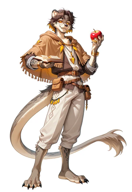 masterpiece, best quality, absurdres, high score, very aesthetic, anptzisksk, isekai, solo, looking at viewer, smile, short hair, simple background, 1boy, white background, holding, jewelry, standing, tail, full body, yellow eyes, male focus, food, glasses, belt, hand up, bracelet, book, capelet, fruit, fangs, holding food, claws, furry, colored sclera, pouch, brown jacket, round eyewear, apple, furry male, holding fruit, fringe trim, yellow sclera, brown capelet, animal feet, fangs out