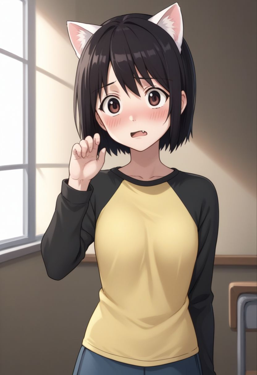 score_9, score_8_up, source_anime, highly detailed, 1girl, solo
misaki, 1girl, solo, brown eyes, short hair, black hair, hirt, upper body, raglan sleeves, skirt, white animal ear, cat hear, fang, hand up, blush, embarassed,
indoor,