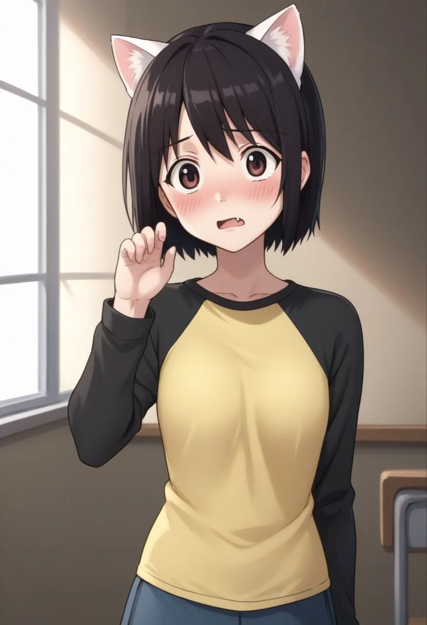 score_9, score_8_up, source_anime, highly detailed, 1girl, solo
misaki, 1girl, solo, brown eyes, short hair, black hair, hirt, upper body, raglan sleeves, skirt, white animal ear, cat hear, fang, hand up, blush, embarassed,
indoor,