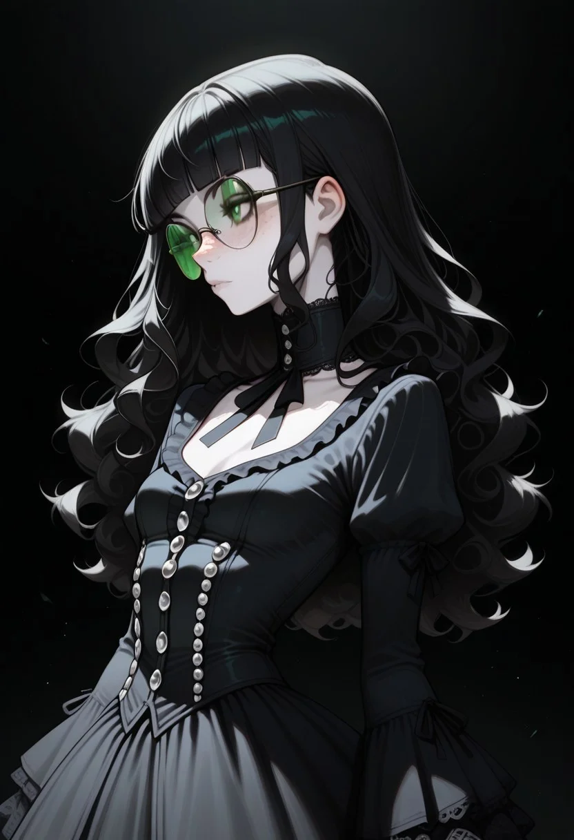 high_quality, highres, detailed, masterpiece, best quality, absurdres,Claudia, ClaudiaRH, long black hair, wavy hair, blunt bangs, green eyes, big squared eyeglasses, small breasts, slim, pale skin, freckles, wearing Jedgthd, gothic dress, black lace , high neck, long ruffled sleeves, silver buttons, black background, side view, posing