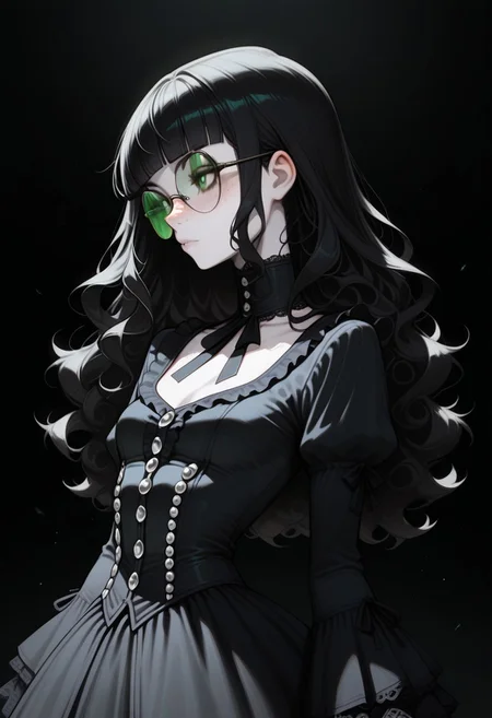 high_quality, highres, detailed, masterpiece, best quality, absurdres,Claudia, ClaudiaRH, long black hair, wavy hair, blunt bangs, green eyes, big squared eyeglasses, small breasts, slim, pale skin, freckles, wearing Jedgthd, gothic dress, black lace , high neck, long ruffled sleeves, silver buttons, black background, side view, posing