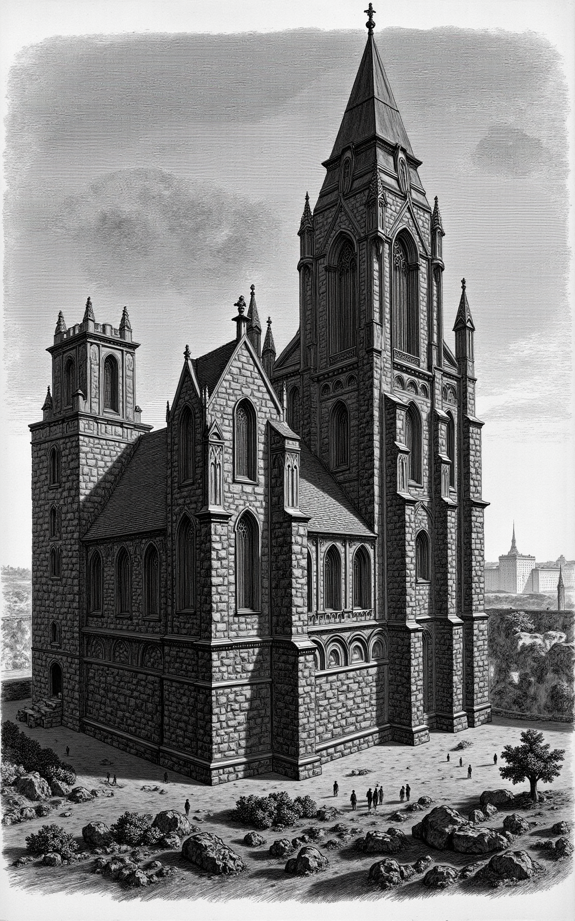 YFG-P1ra, Create a detailed, high-contrast image of a Gothic-style cathedral at dusk, its stone façade rendered in textured, cross-hatched lines, with richly detailed stonework and ornate carvings that seem to leap off the page, amidst a soft, blue-gray sky with wispy cirrus clouds and a few faint stars twinkling above.