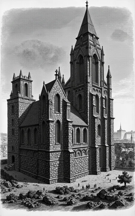 YFG-P1ra, Create a detailed, high-contrast image of a Gothic-style cathedral at dusk, its stone façade rendered in textured, cross-hatched lines, with richly detailed stonework and ornate carvings that seem to leap off the page, amidst a soft, blue-gray sky with wispy cirrus clouds and a few faint stars twinkling above.
