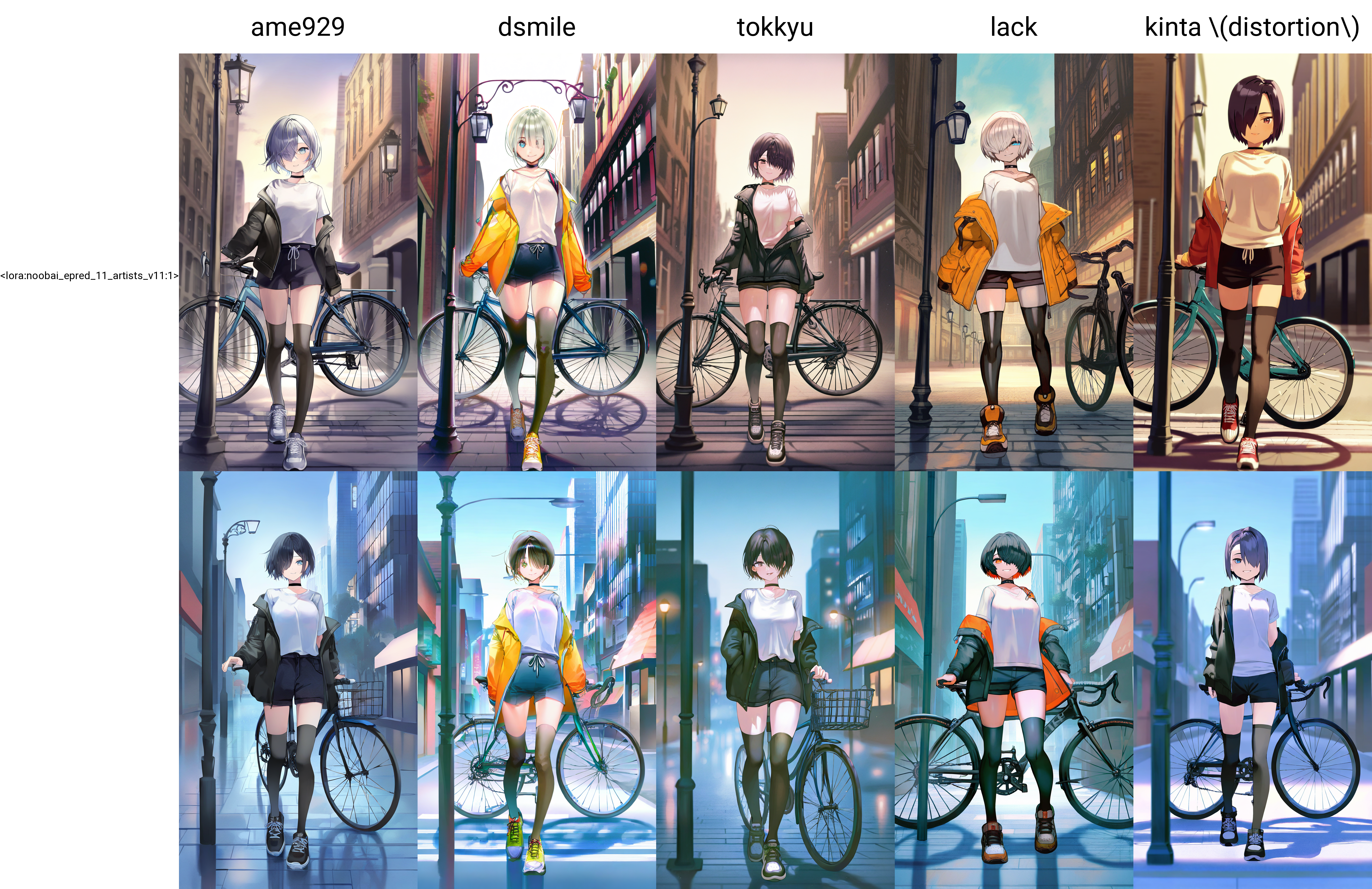 by ame929,
1girl, solo, bicycle, outdoors, jacket, short hair, lamppost, sneakers, shorts, hair over one eye, city, sky, building, off shoulder, looking at viewer, full body, choker, white shirt, standing, black thighhighs, smile, walking,
masterpiece, best quality, very awa, absurdres
<lora:noobai_epred_11_artists_v11:1>