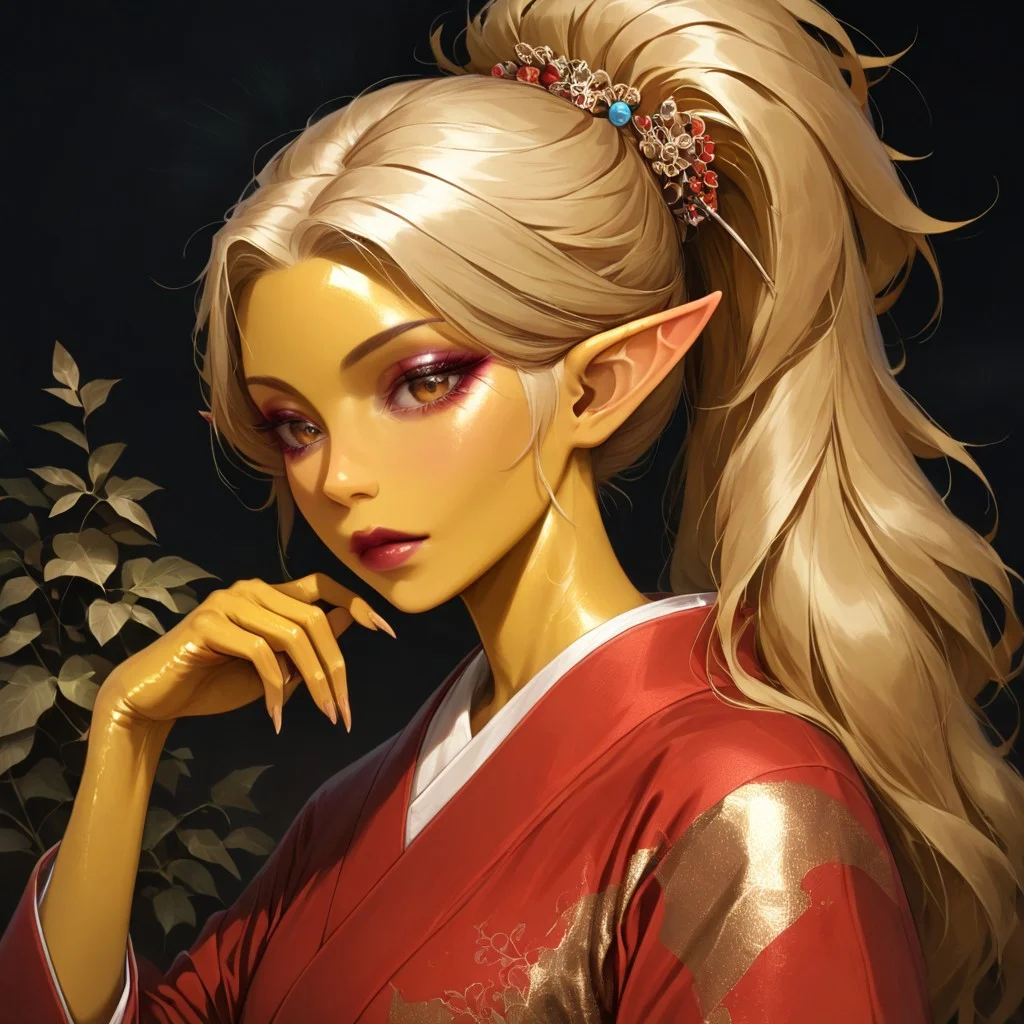 masterpiece, best quality, newest, absurdres, highres, DFAV1.5,
1girl, asian, asian female, elf, elf girl, pointy ears, long hair, yellow skin, blonde hair, golden colored skin, ponytail long ponytail, high taied ponytail, makeup, mascara, brown eyes, golden eyes,
kimono, red kimono, japanese clothes, hair ornament,
