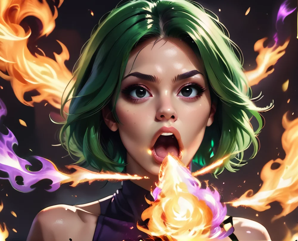 <lora:fire_breath_pony-6:0.6>,FireBreath,
score_9,score_8_up,score_7_up,score_6_up,score_5_up,
solo,1girl,breathing fire,green hair,black eyes,realistic,open mouth,purple fire breath,purple fire