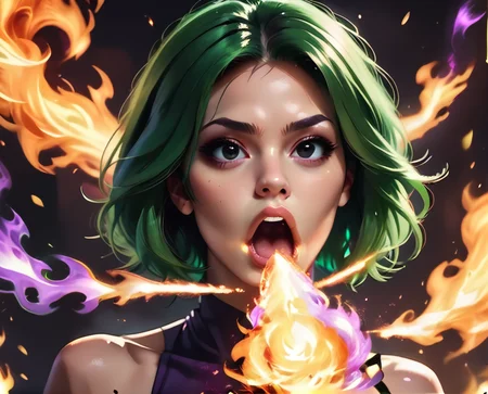 <lora:fire_breath_pony-6:0.6>,FireBreath,
score_9,score_8_up,score_7_up,score_6_up,score_5_up,
solo,1girl,breathing fire,green hair,black eyes,realistic,open mouth,purple fire breath,purple fire