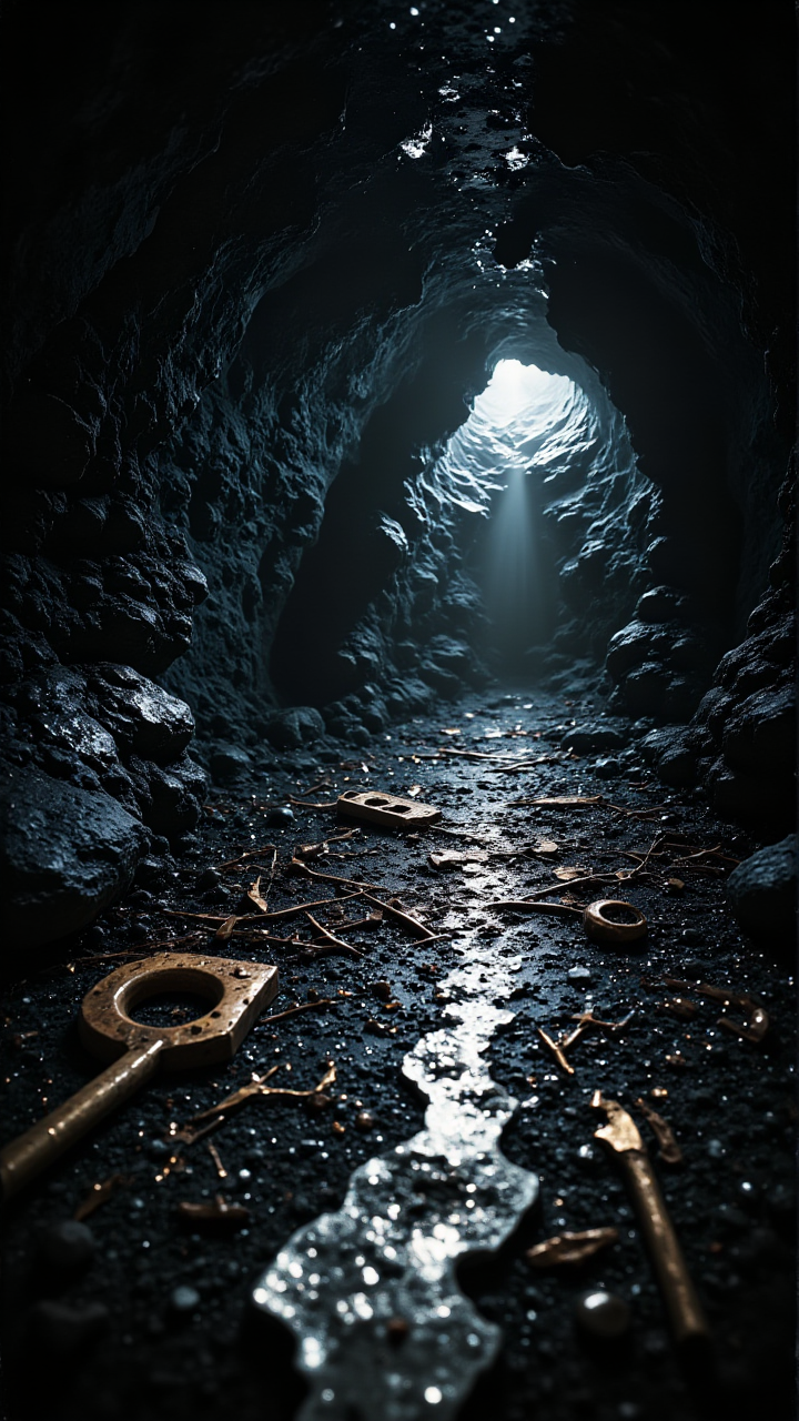 Underground Cave with Bronze and Silver Artifacts: A deep underground cave, where the walls glisten with silver veins running through the rock. Bronze artifacts are scattered on the ground, hinting at an ancient civilization. The cave is illuminated by a soft, monochrome light, creating an eerie atmosphere.