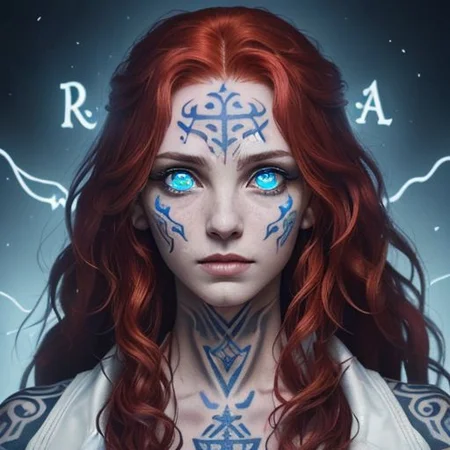 bright red hair, human female, (feminine:1.7), (beautiful face, detailed face:1.6), (beautiful eyes, detailed eyes:1.7), (looking at viewer, eye contact, intense:1.6), (long hair, red hair, curly hair:1.3), , ((masterpiece, best quality, high resolution, realistic, best quality,)), photo realistic, Perfect Face, (detailed face). <lora:GoodHands-vanilla:0.6> <lora:add-detail-xl:0.8>, mage, (Dress White military uniform coat), dagger, rune dagger, glowing runes, , (((glowing magic symbols tattoos, religious tattoos))), ((face tattoos)), glowing tattoos, stone tower in the background