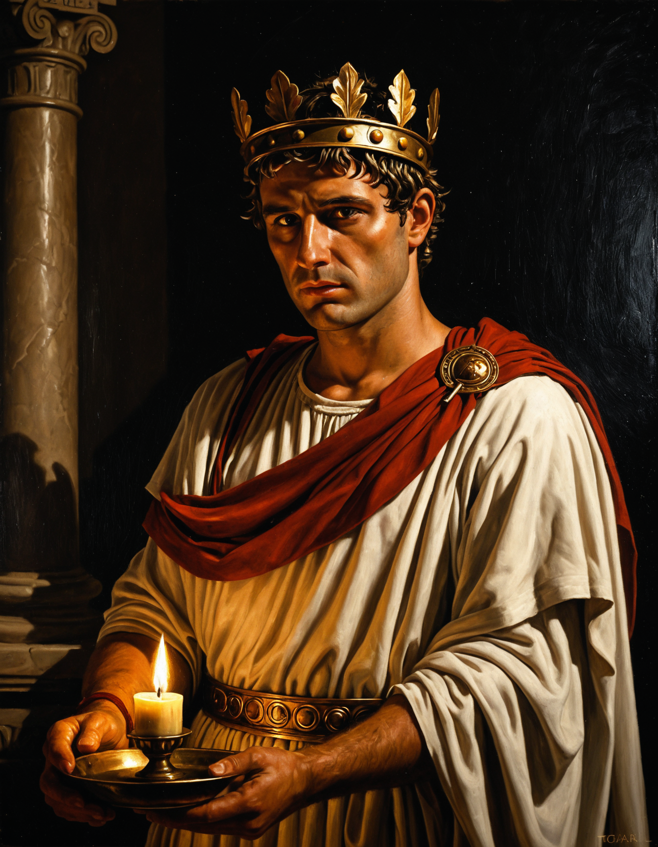 A classical oil painting recreation of a Roman senator, laurel crown, toga, candlelight lighting, chiaroscuro realism.