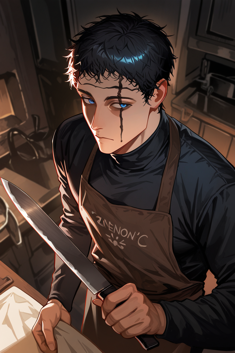 realistic shading, dimlighting, facial marked-male focus, expressive expressionless face, zenonbc, black_zenonbc_facial mark, black_zenonbc_short hair, blue eyes, 1boy, looking away, shiny skin, holding, apron, dark indoors kitchen, table, bleak environment, dark environment, shadow, foreshortening, dynamic angle, dynamic action, intricately detailed illustration, cinematic, depth of field, atmospheric perspective, masterpiece, best quality, amazing quality, very aesthetic, absurdres, newest, selective coloring