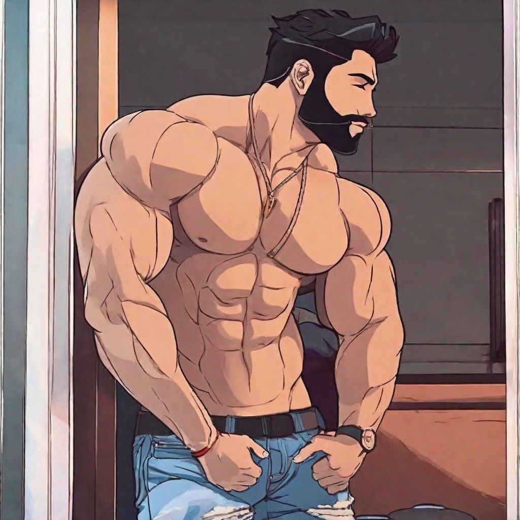 handsome, men, gay focus, bara, muscular, kissing, anime, cartoon style, full body in frame