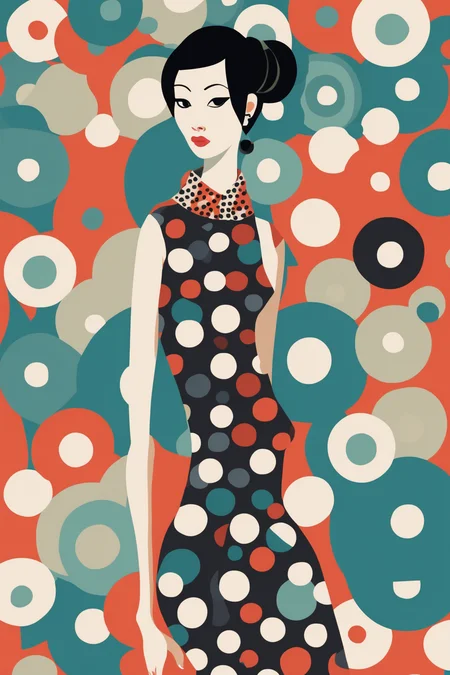 Josh Agle Style - hip 1960s slender Chinese woman in a polka dot dress. Patterns. In the style of Josh Agle.