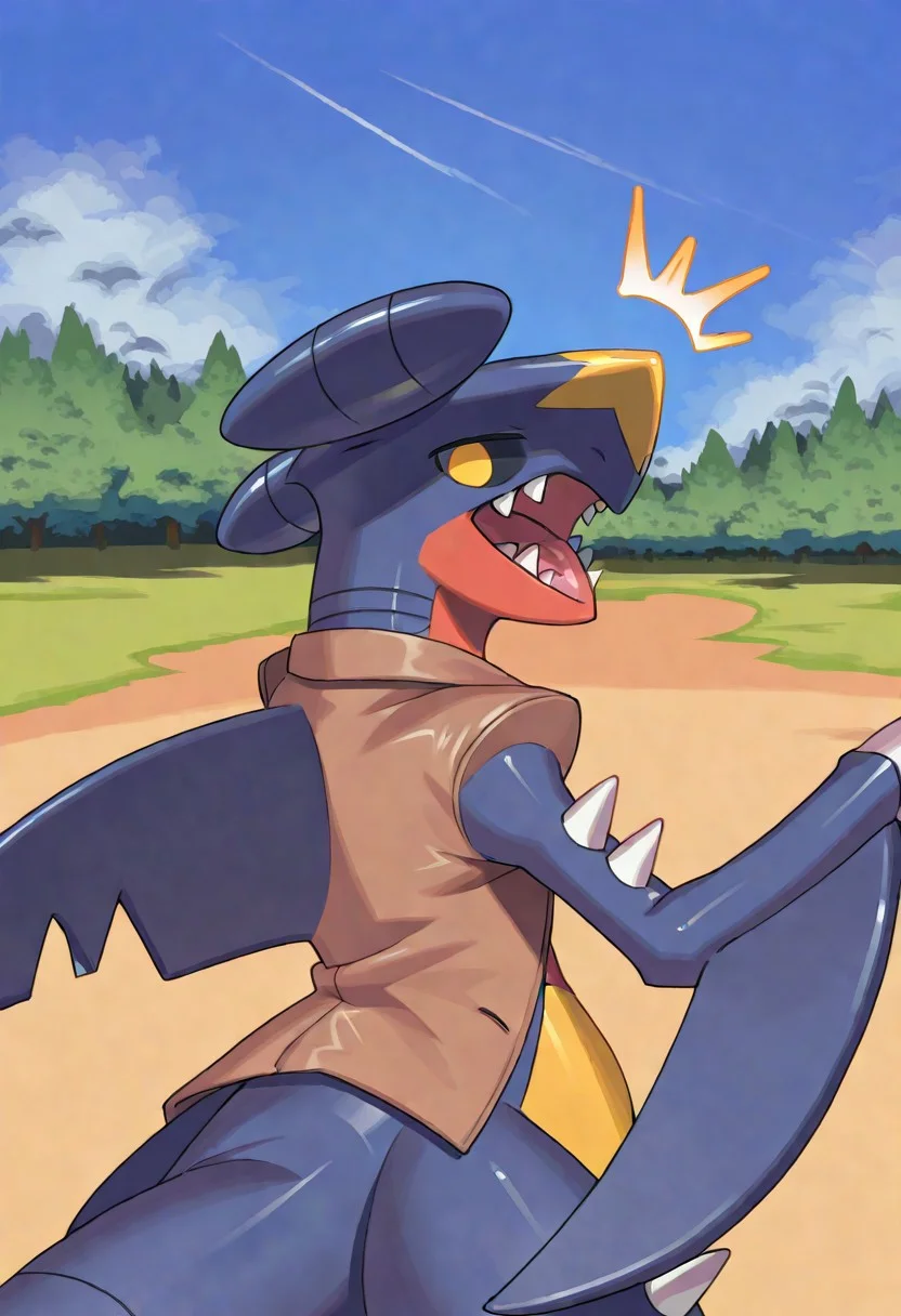 xvx_magenta, solo
garchomp, feral, ?, O.O, ^^^, no pupils, white sclera, 3/4, half body, dramatic turning back, 2finger, movement, turning back, daytime, sunshine, field, trees, brown jacket, no hands, open mouth, sharped teeths