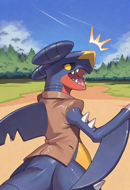 xvx_magenta, solo
garchomp, feral, ?, O.O, ^^^, no pupils, white sclera, 3/4, half body, dramatic turning back, 2finger, movement, turning back, daytime, sunshine, field, trees, brown jacket, no hands, open mouth, sharped teeths