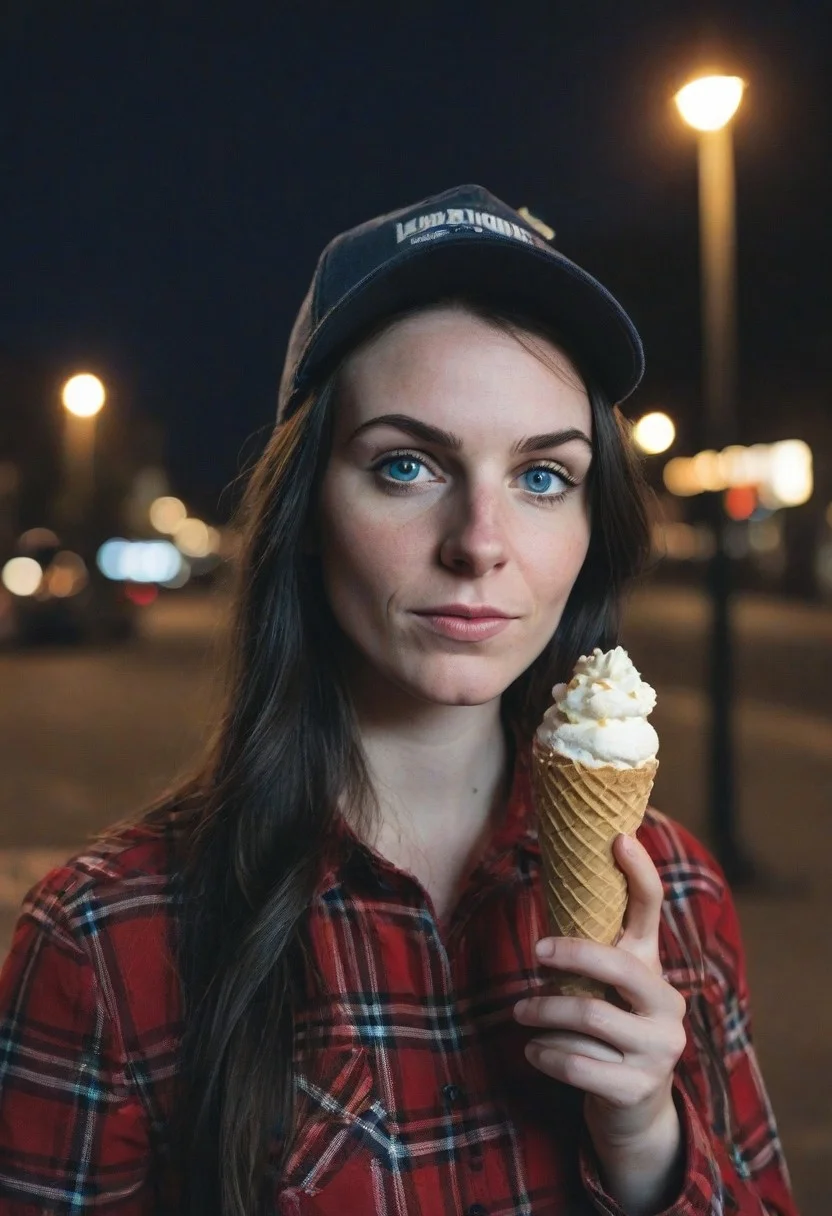 A 30yo woman eating a cone icecream. blue eyes. perfecteyes
Wearing Jeans and Plaid red shirt with a hat/cap red.
Long dark black slick back hair. No makeup.
Night time, Street light.
Looking at camera POV.
Medium Close Up shot.
Bokeh. Bokeh light.
Blurred background.