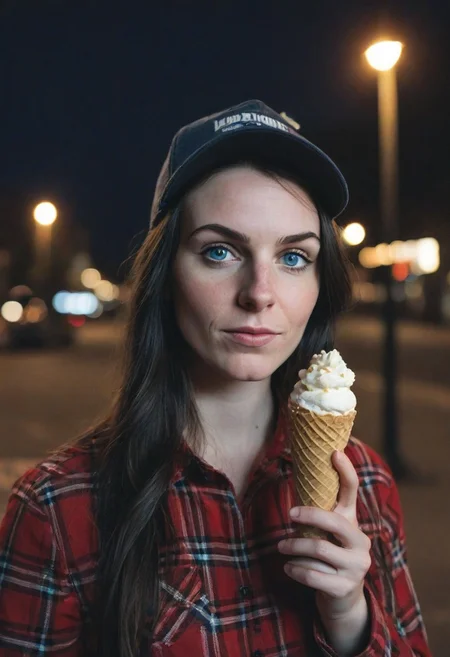 A 30yo woman eating a cone icecream. blue eyes. perfecteyes
Wearing Jeans and Plaid red shirt with a hat/cap red.
Long dark black slick back hair. No makeup.
Night time, Street light.
Looking at camera POV.
Medium Close Up shot.
Bokeh. Bokeh light.
Blurred background.