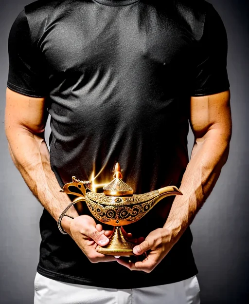 a bald man holding an ornate orange magic lamp <lora:genielamp6:1>,black tshirt, RAW photo, 8k uhd, dslr, soft lighting, high quality, film grain, Fujifilm XT3