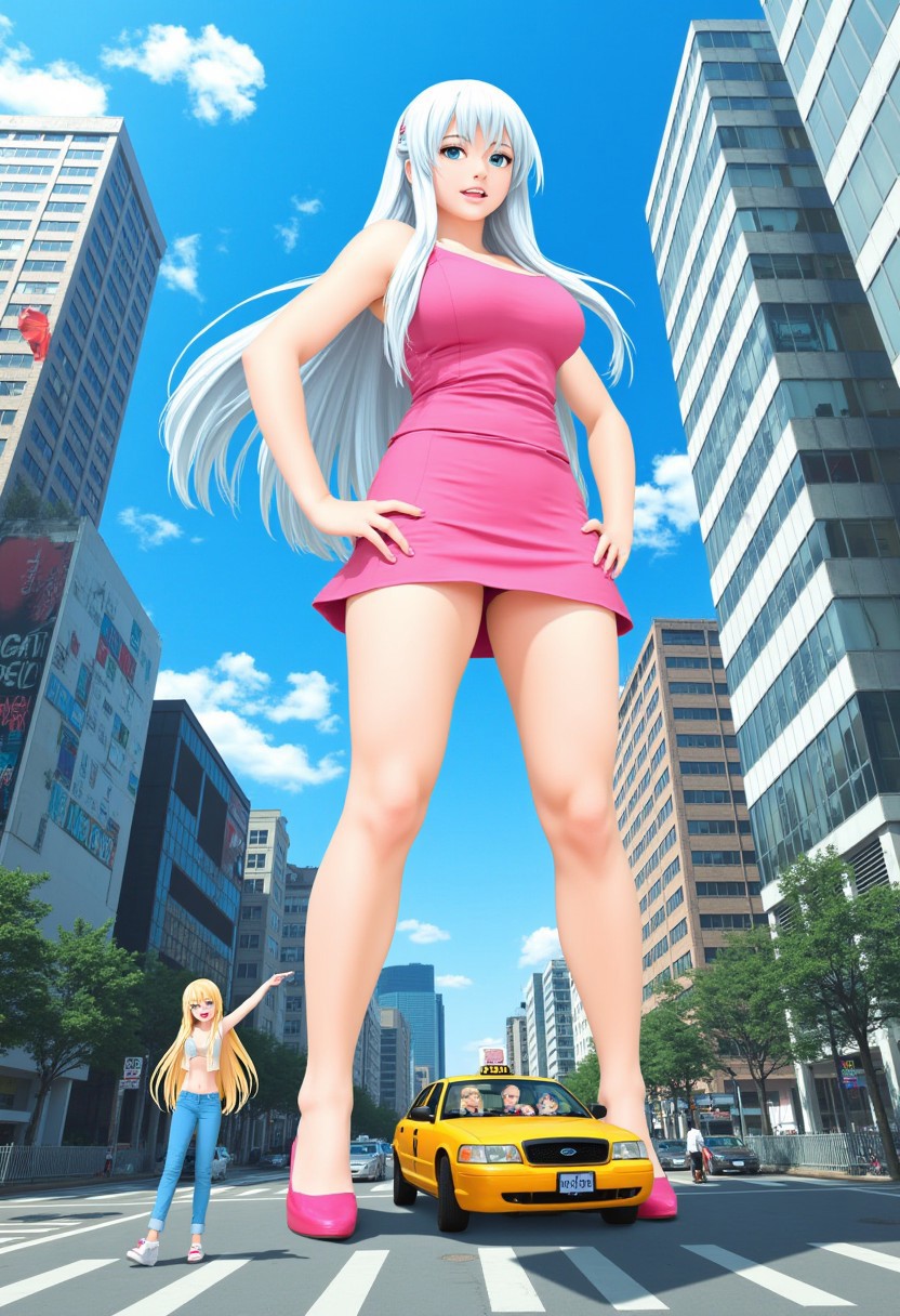 Flat colour anime style image showing two towering female giantess in a cityscape. The scene is set in a bustling urban environment with tall buildings and a clear blue sky with scattered clouds. The central focus is on a female giantess with long, flowing white hair, wearing a pink dress and high heels. She is towering over the city, her feet crushing a yellow taxi and its occupants, who are visible inside the vehicle. The taxi's license plate reads "NYC-1."
To the left, a second, shorter female giantess with long, blonde hair and a blue outfit, is pointing forwards, She is holding a smartphone in her hand, The background features modern skyscrapers with glass facades and various advertisements.
The city street is paved with gray concrete, and there are a few scattered trees and other details that add depth to the urban environment, a dynamic composition that emphasizes the power and scale of the towering character.