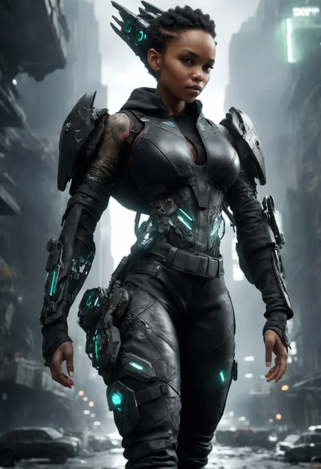 DonMU17r4G34rXL (masterpiece, best quality,detailed light), scifi, tech,cyberpunk,  female dragon rider,  legal age, solid, afro-caribbean, turquoise eyes, lobed ears,  pointed chin with cleft, blunt jaw, soft cheeks, flat forehead,  well-defined achilles tendons,    , ginger french twist hair, astonishment, swift dash, character leans forward, legs extending backward, suggesting a quick and agile movement,  wearing circuit board pattern    holo-leather    onyx black augmented leather cargo pants, brown cybernetic hooded joggers,      , quantum phase, character poses with one foot forward and their body slightly transparent, suggesting quantum phase shifting, urban pollution with neon highlights, abandoned mega-corporation facilities turned into post-apocalyptic strongholds,   (highres, 4k, 8k, intricate detail, cinematic lighting, amazing quality, amazing shading, soft lighting, Detailed Illustration, wallpaper),    <lora:Perfect Hands v2> <lora:SDXL\DetailedEyes_V3> <lora:myLoraXL_test\DonMU17r4G34rXL-000008:0.8>,