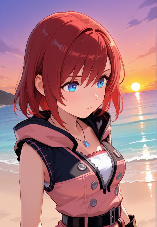 masterpiece, best quality, amazing quality, very aesthetic, absurdres,  newest, detailed background, upper body,  outdoors, sunset, secluded beach, palms, sky, dynamic angle
kairikh3, 1girl, red hair, blue eyes, dress, boots, jewelry, medium hair, necklace, belt, medium breasts,
 <lora:Kairi_-_Kingdom_Hearts_3_Illustrious:1>