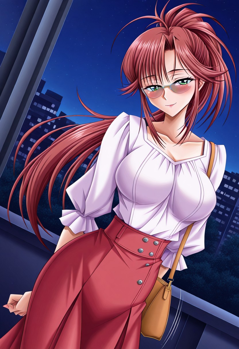 masterpiece, best quality, newest, highres, uncensored, 1girl, yokota mamoru style,1girl, slender face，motion lines,torogao,looking at the viewer,seductive smile,blush
Koga Yuki ,Ahoge Hair, Red Hair, Sidehair, Waist Length Hair,long Hair,Green Eyes, Tareme Eyes,Slim
1girl, solo, sunglasses, bag, long hair, purple eyes, night,  dutch angle, ponytail, handbag