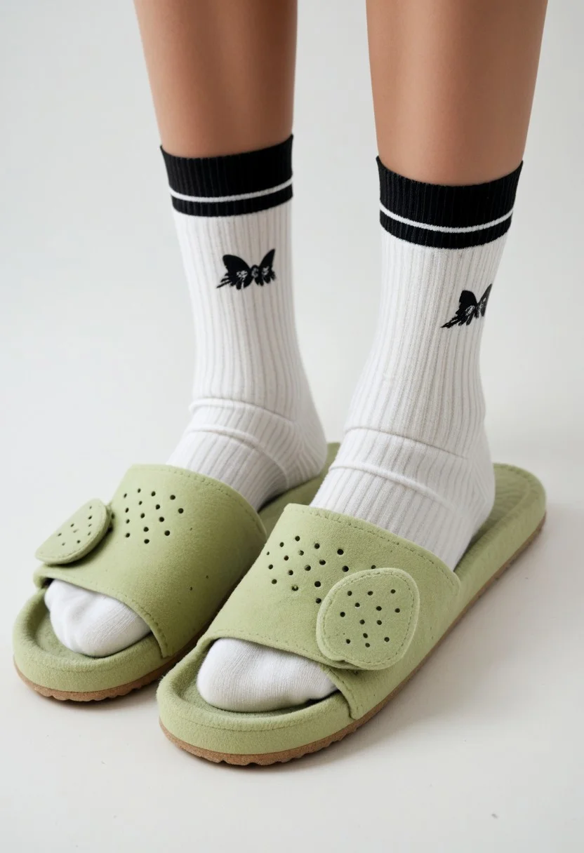 ((scksnsndls)), 1girl, solo, simple_background, white_background, black_socks, close-up, green_slippers, lower_body, footwear_focus